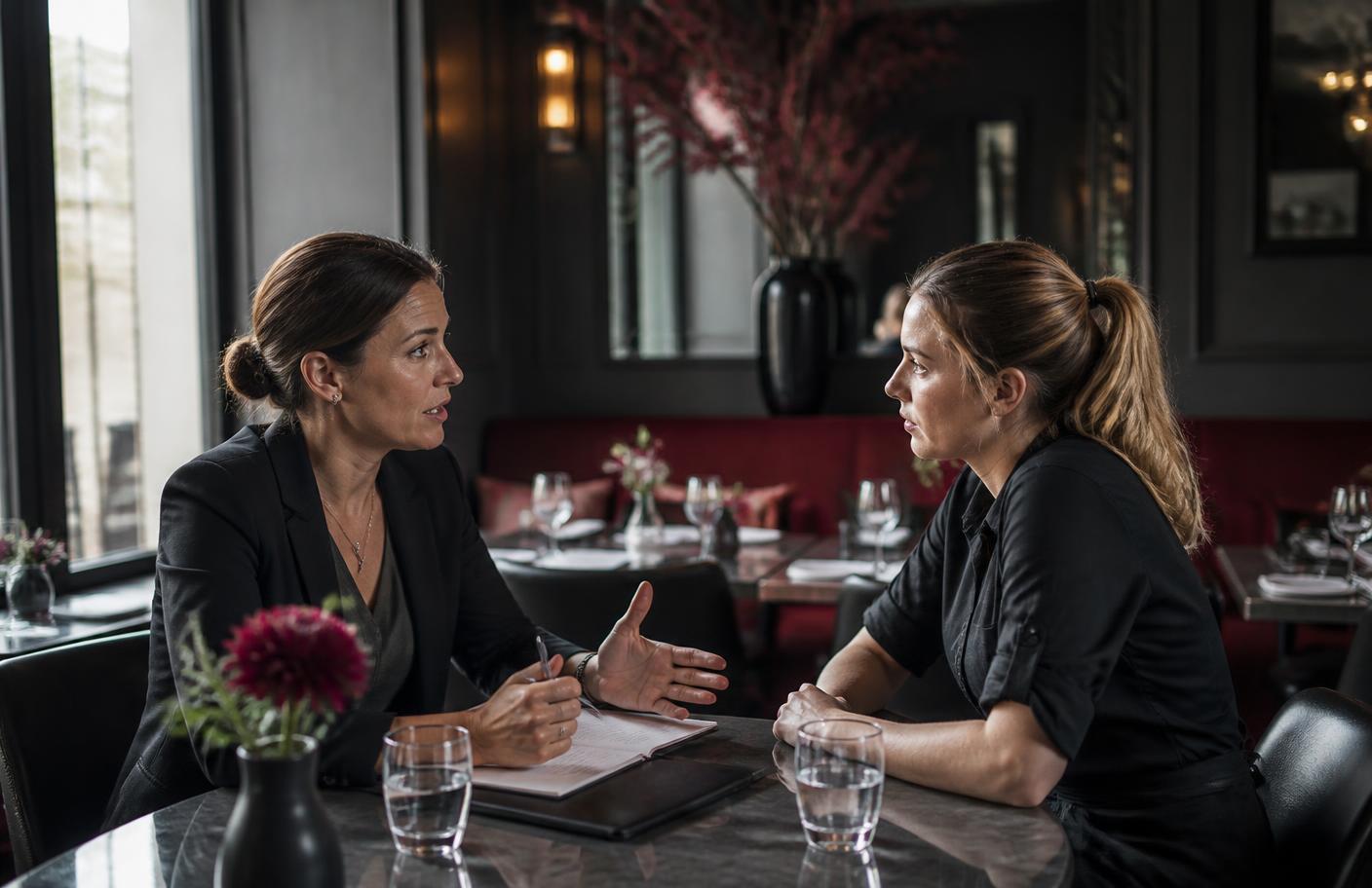 Restaurant manager and server having a one-on-one coaching conversation
